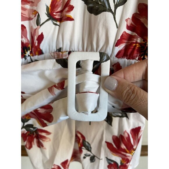 New! Lane Bryant White Red Floral Belted Peplum Top V-Neck Cotton Blend Short Sl - Picture 5 of 6